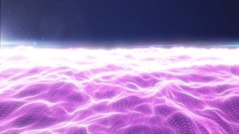 Pink neon wireframe wave field with soft glow and particles, abstract digit.. Stock Illustration