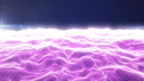 Pink neon wireframe wave field with soft glow and particles, abstract digit.. Stock Illustration