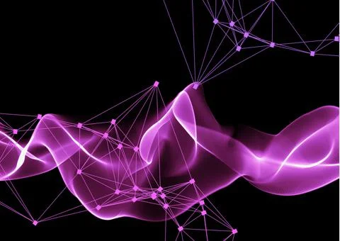 Pink network of connections and digital waves against black background Stock Illustration
