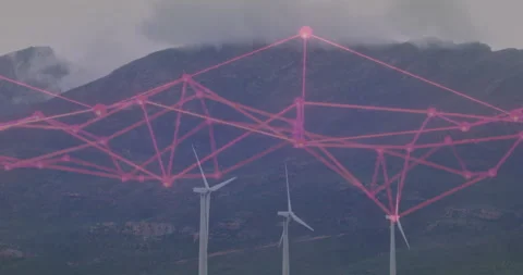 Pink network mesh appearing over wind turbines, pulsing nodes and shifting to Stock Footage 312467254