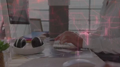 Pink network overlay appearing, hands typing, using mouse, camera shifting, Stock Footage 332468797