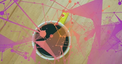 Pink node network fading in around coffee mug, branching and pulsing triangles 스톡 동영상 318545765