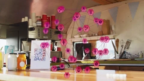 Pink node network fading in on QR sign growing pulsing shifting right panning Video stock 329869409