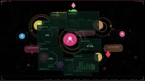 Pink node pulsing, activating HUD panels stacking and updating charts for Vidéo 335404185