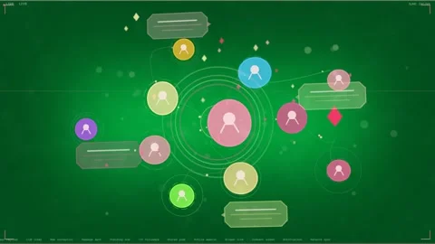 Pink node pulsing, rings opening and nodes moving, showing tech chat on Video stock 333972189