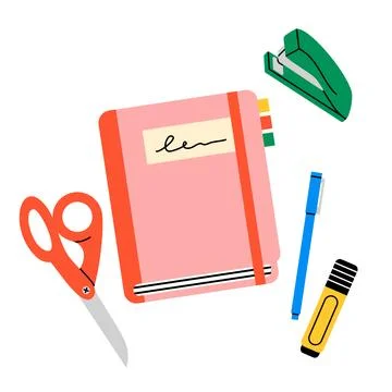 Pink notebook with office stationery vector icon Stock Illustration