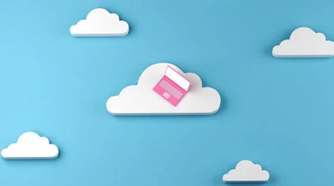 Pink notebook on one cloud with other smaller clouds, cloud computing concept Stock Illustration