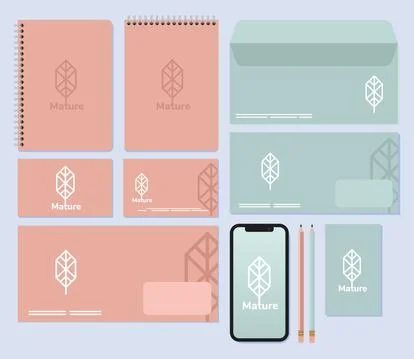 Pink notebooks and bundle of mockup set elements in blue background Illustrazione stock