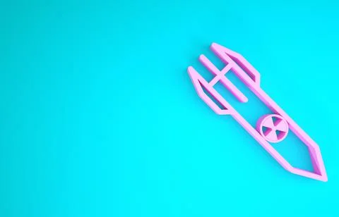 Pink Nuclear rocket icon isolated on blue background. Rocket bomb flies down. 스톡 일러스트