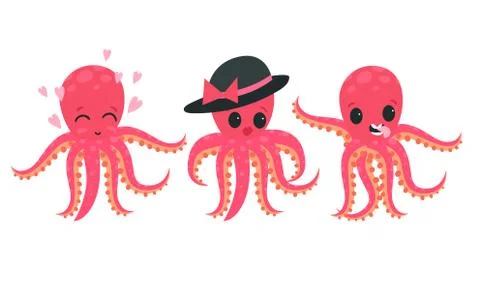 Pink Octopus with Tentacles Showing Different Emotions and Mood Vector Set Stock Illustration