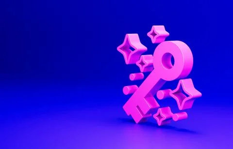 Pink Old magic key icon isolated on blue background. Minimalism concept. 3D Stock Illustration