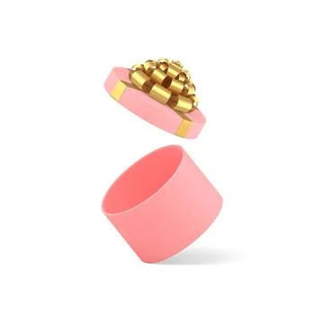 Pink open circle gift box empty pack with luxury golden bow ribbon 3d icon .. Illustrazione stock