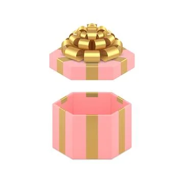 Pink open gift box hexagonal premium package with golden bow ribbon 3d icon.. Stock Illustration