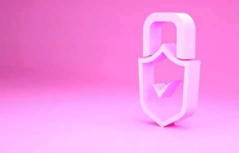 Pink Open padlock and check mark icon isolated on pink background. Cyber secu 스톡 일러스트