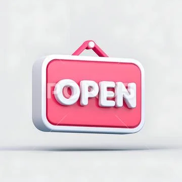 Pink open sign in 3d cartoon style with bubbly letters PSD Template