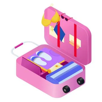 Pink open suitcase on wheels with stuff for rest Stock Illustration