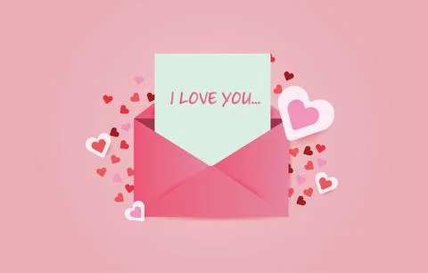 Pink opened envelope with message I LOVE YOU. Letter on valentines day and he Stock-Illustration