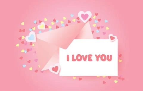 Pink opened envelope with message i love you. Letter on valentines day and he Stock Illustration