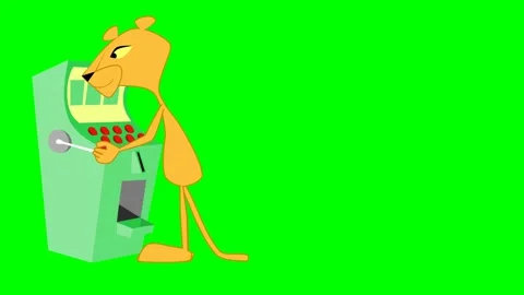 Pink or orange leopard that walks on its two legs throws coin into game machine Stock Footage 285951598