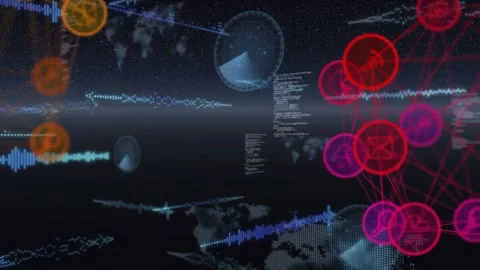Pink or red node cluster pulsing right, emitting waveforms, HUDs, code into Video stock 331214464