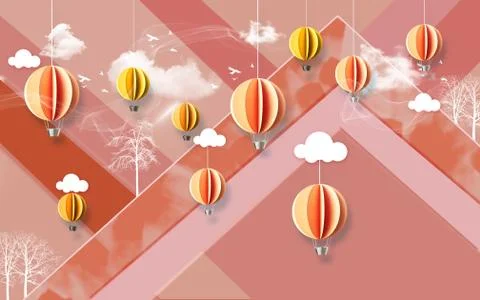 Pink-orange geometric background, clouds, paper yellow and orange paper balloons Stock Illustration