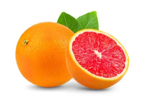 Pink orange grapefruit slice with leaf isolated on white background. full dep Stock Photos