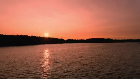 Pink orange sunset river drone 4k Video stock 156133854