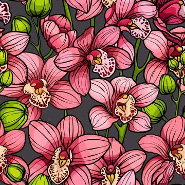 Pink orchids, seamless vector pattern. hand drawn illustration Stock Illustration