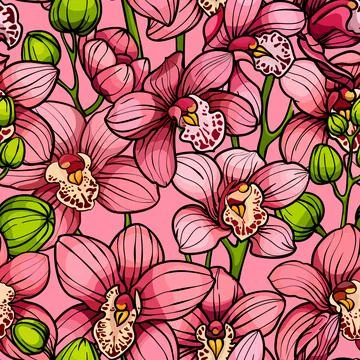 Pink orchids, seamless vector pattern. hand drawn illustration Stock Illustration