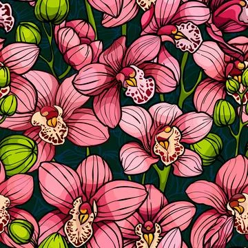Pink orchids, seamless vector pattern. hand drawn illustration Stock Illustration