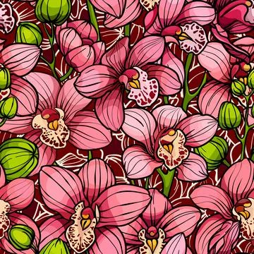 Pink orchids, seamless vector pattern. hand drawn illustration Stock Illustration