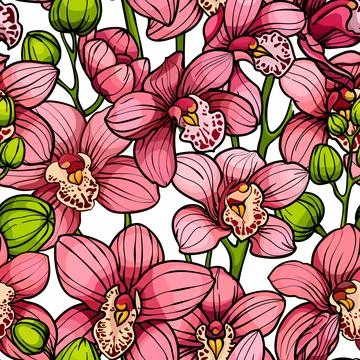 Pink orchids on white background, seamless vector pattern. hand drawn Stock Illustration