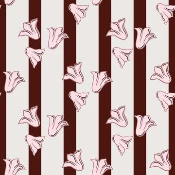 Pink outline bellflower elements seamless pattern. Blossom ornament. Maroon a Stock Illustration