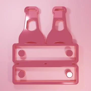 Pink Pack of beer bottles icon isolated on pink background. Wooden box and .. Stock Illustration