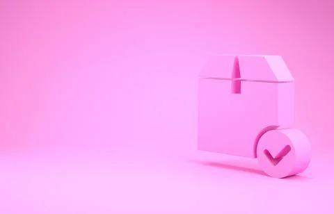 Pink Package box with check mark icon isolated on pink background. Parcel box Stock Illustration