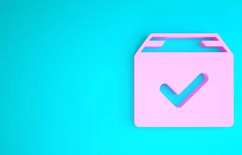 Pink Package box with check mark icon isolated on blue background. Parcel box Illustrazione stock