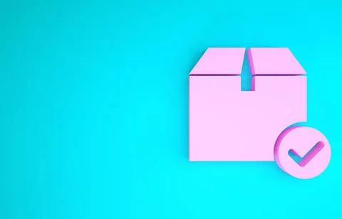 Pink Package box with check mark icon isolated on blue background. Parcel box Stock Illustration