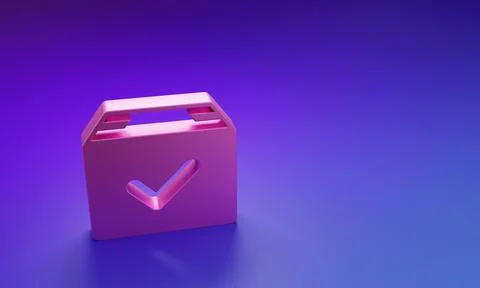 Pink Package box with check mark icon isolated on purple-blue background. P.. Foto stock