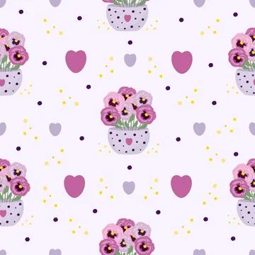 Pink pansies in vase, seamless pattern Stock Illustration