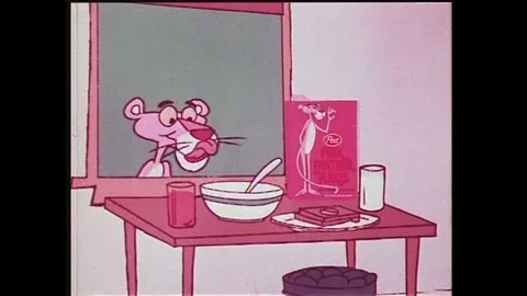 The Pink Panther steals breakfast cereal in an animated television commercial Stock Footage