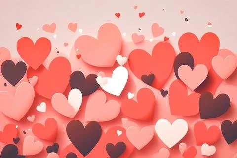 Pink paper heart elements flying on pink background. Red and pink hearts il.. Illustrazione stock