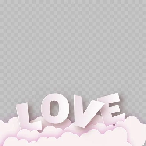 Pink Paper Love text with clouds on transparent background. Vector Stock Illustration