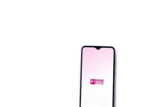 Pink Park app launch screen with logo on the display of a black mobile smartp Stock Photos
