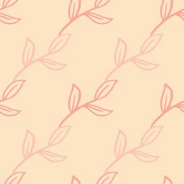 Pink pastel colored seamless pattern with simple outline leaves brnches eleme Stock Illustration