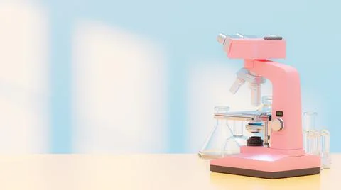 Pink pastel microscope on table with test tubes. in the blue lab. Illustrazione stock