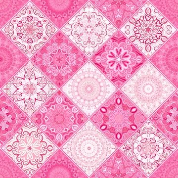 Pink patchwork mandala pattern from round flower ornaments Stock Illustration