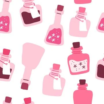 Pink pattern with potion bottles. Witch pattern in hand drawn style, suitable Stock Illustration