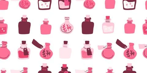 Pink pattern with potion bottles. Witch pattern in hand drawn style, suitable Stock Illustration