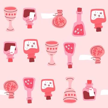 Pink pattern with potion bottles. Witch pattern in hand drawn style, suitable Stock Illustration