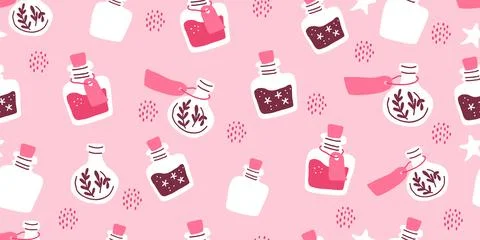 Pink pattern with potion bottles. Witch pattern in hand drawn style, suitable 스톡 일러스트